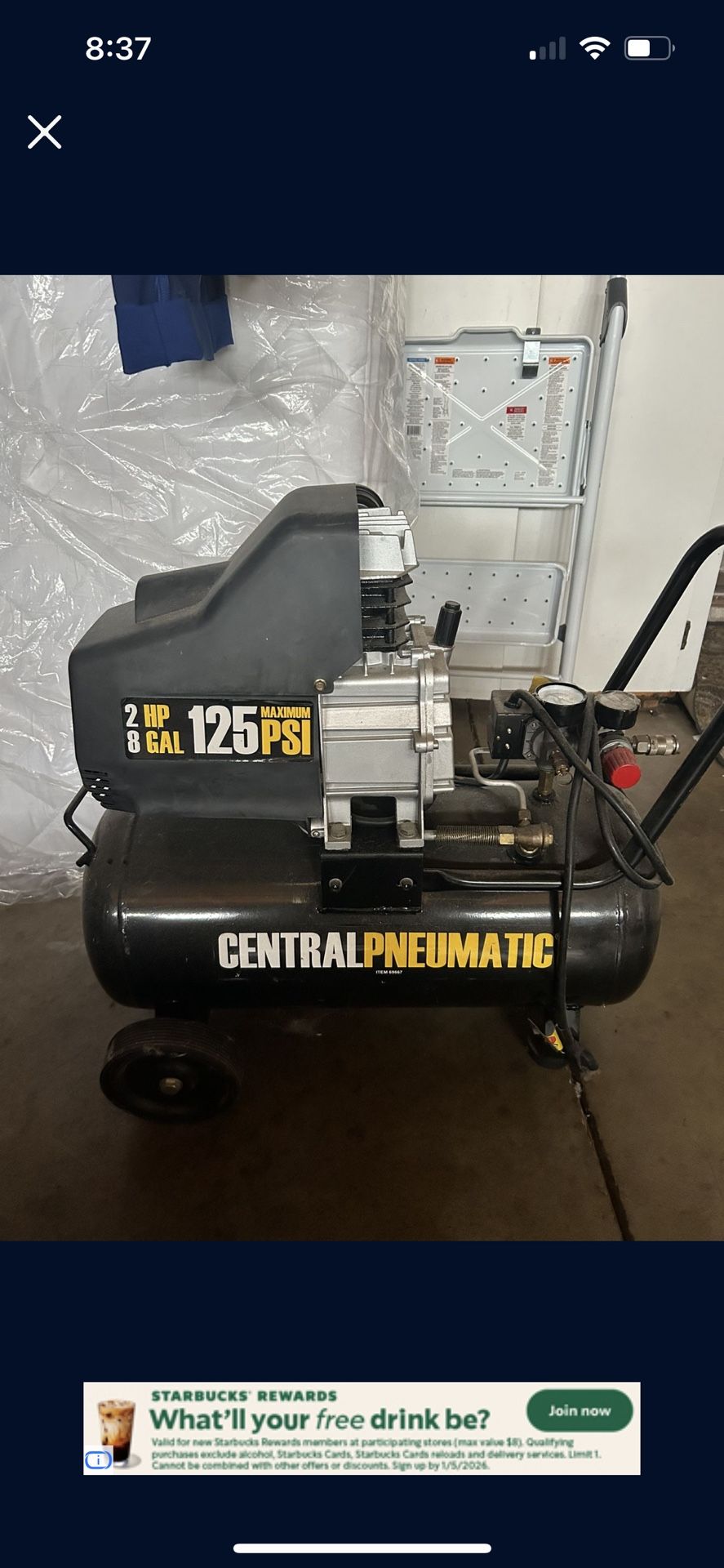 Central Pneumatic Compressor 2 HP 8 GAL 125 PSI Maximum