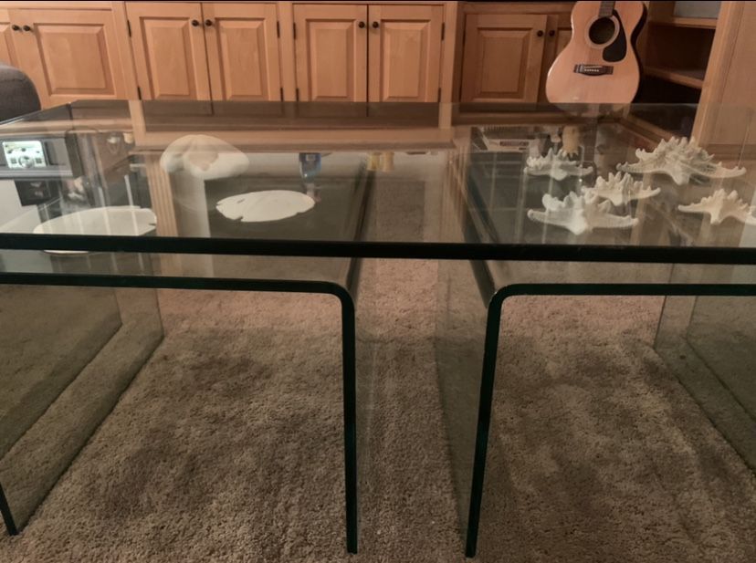 Bent Glass Coffee Table and 2 Nesting Tables.