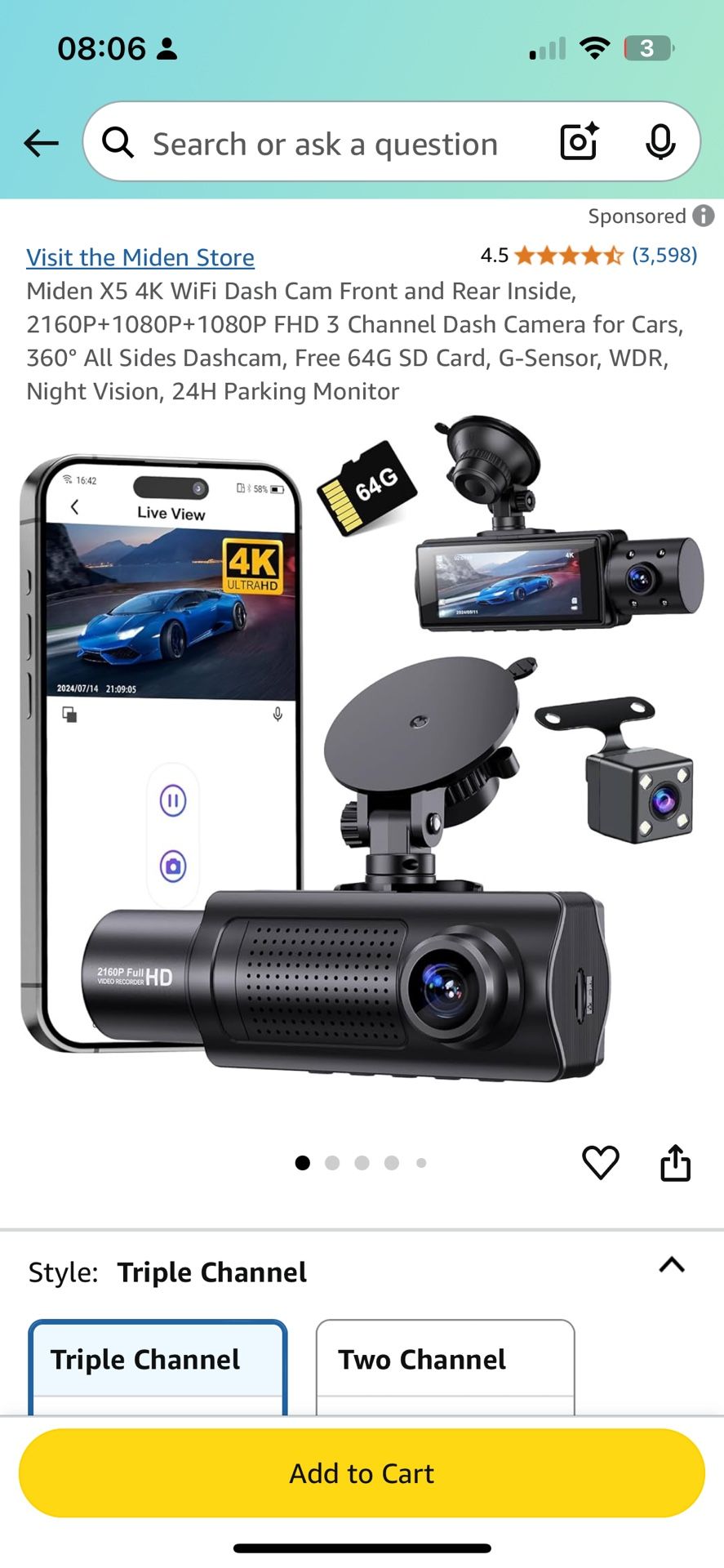 Miden X5 4K WiFi Dash Cam Front and Rear Inside, 2160P+1080P+1080P FHD 3 Channel Dash Camera for Cars, 360° All Sides Dashcam, Free 64G SD Card, G-Sen