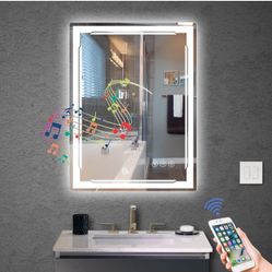 24''X32'' LED Bathroom Mirror with Lights, Built-in Bluetooth Speaker, Anti-Fog Dimmable 3 Lights Setting Backlit + Front Lit, Lighted Vanity Makeup W