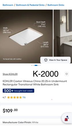 Kohler Caxton K-2000 white porcelain sink