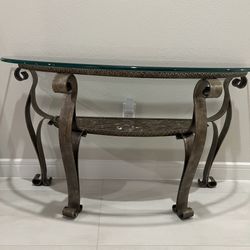 Two Tier Wrought Iron  Base Console Table with Glass Top and Marble.