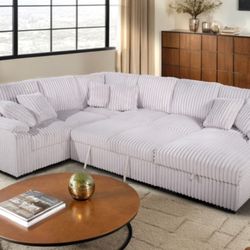 BEIGE RHF Fabric U-Shaped Pull Out Sectional Sofa w/ Storage Chaise + Pillows