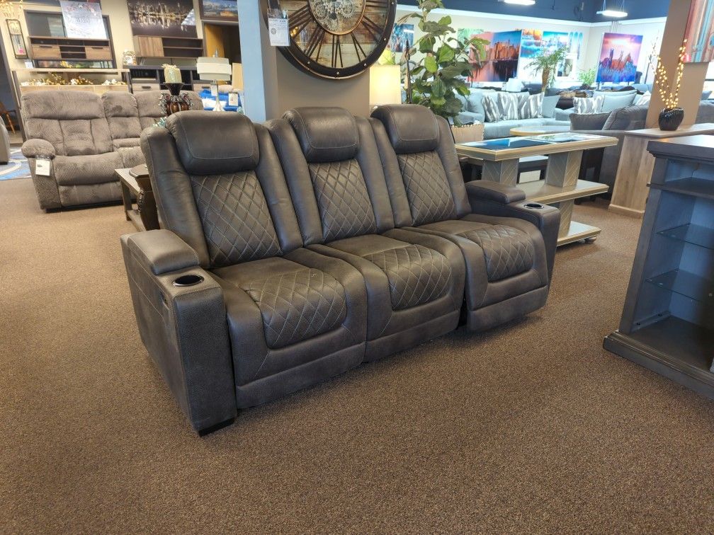 Power Gray Reclining Sofa Polished Microfiber