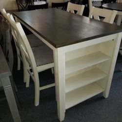 Brand New Gray/White Counter High Storage Dining Table (60" x 30" x 36"H) + 4 Gray Linen Chairs