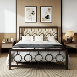 Queen Size Metal Platform Bed Frame with Modern & Vintage Headboard and Footboard, Brown