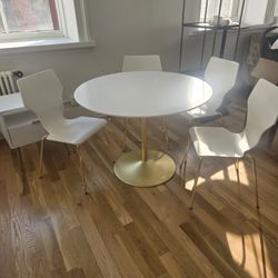 White Round Dining Table + 4 Chairs - Modern Gold Base