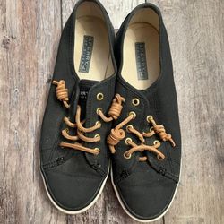 Women's Sperry Black Canvas Sneakers with Brown Laces Size 7.5