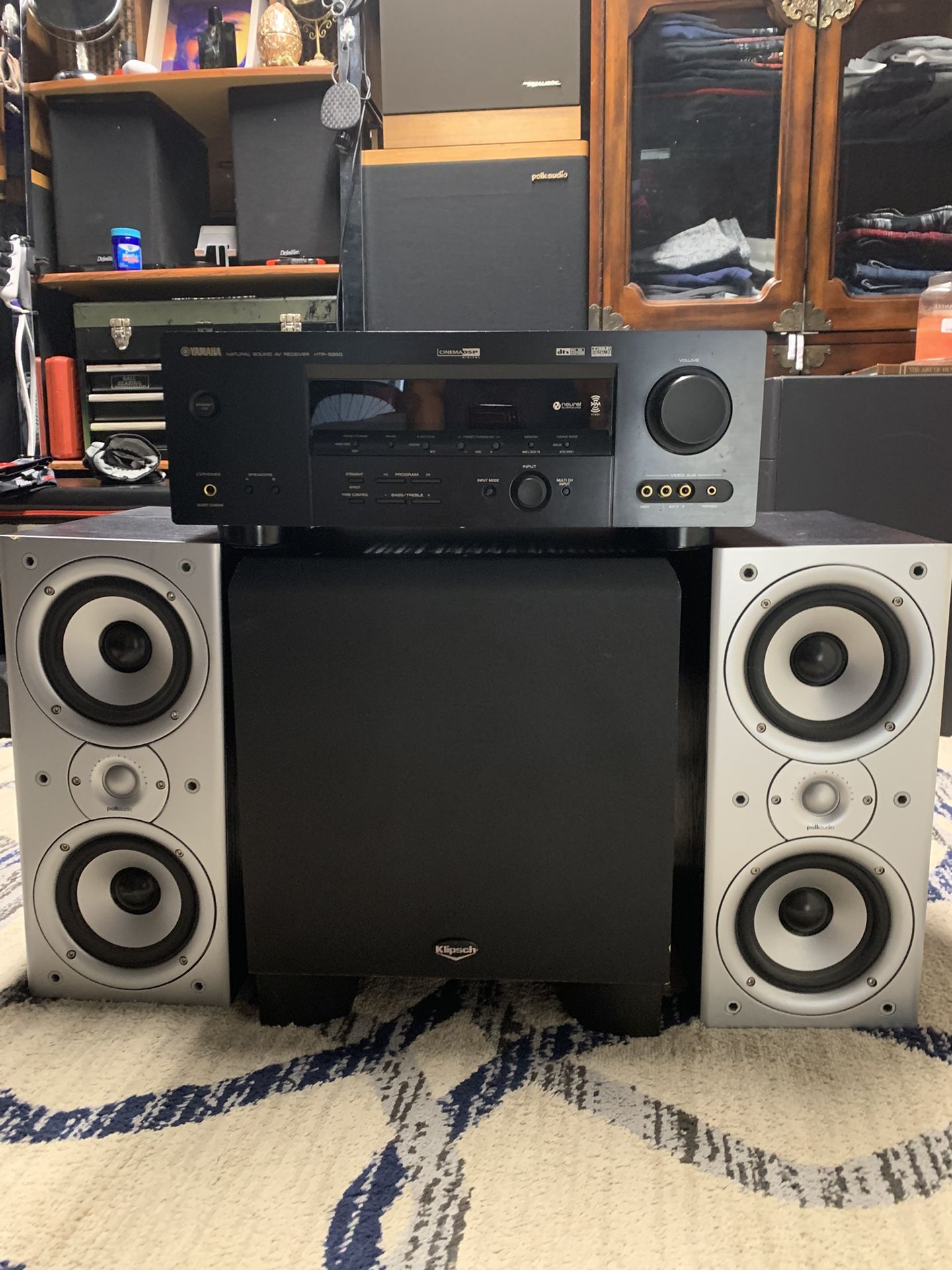 Nice Klipsch KSW10 10 inch subwoofer and polk audio monitor 40 speakers with yamaha HTR 5950 receiver