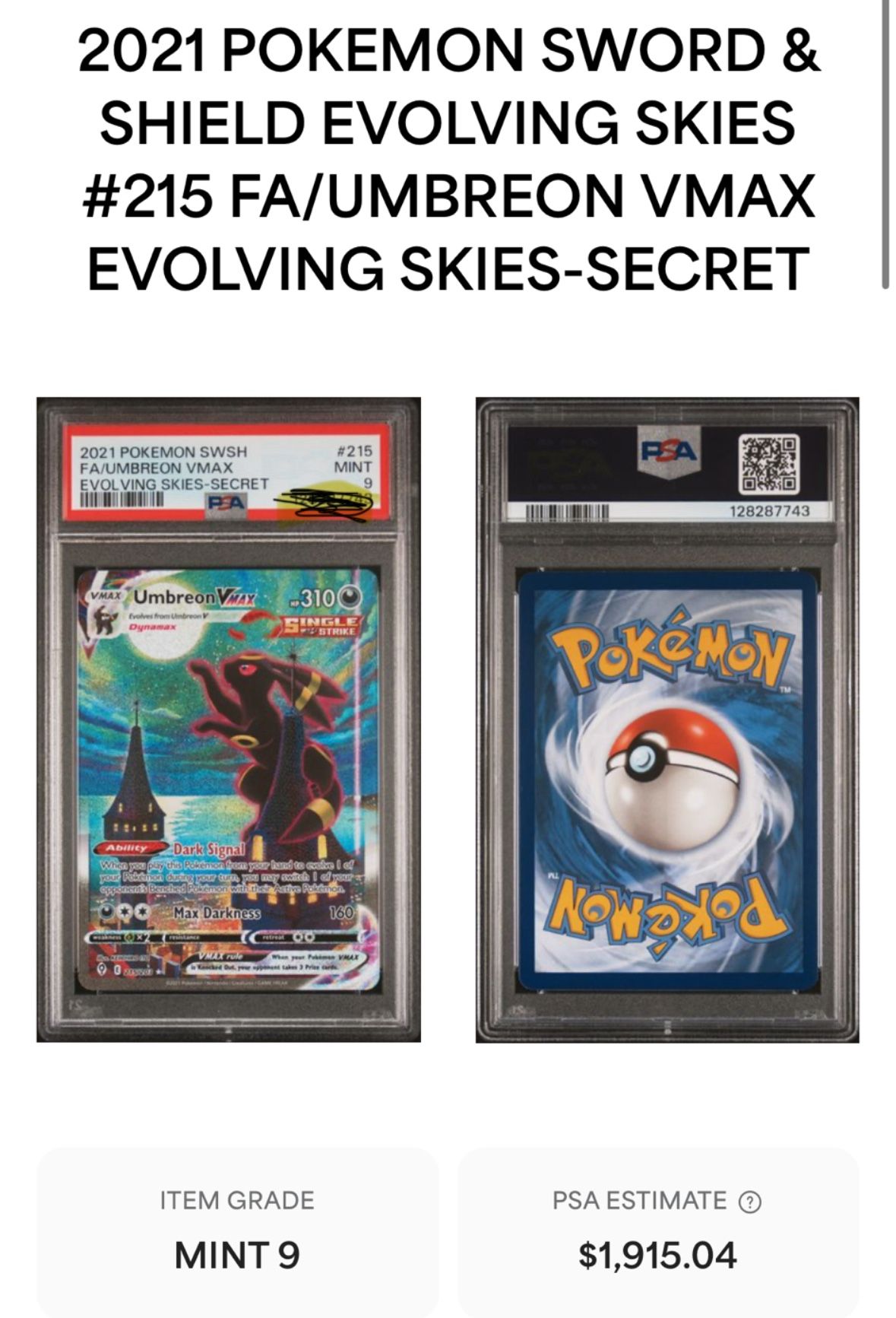 $1850 Pokemon TCG Evolving Skies Umbreon VMAX PSA 9