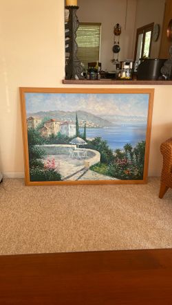 XL Vintage Mediterranean Sea Scape Village Oil Painting / Amalfi Coast