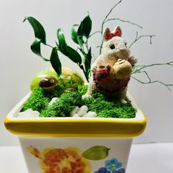 Easter Bunny Garden  Arrangement Real Moss And Unfading Plants In Ceramic Pot