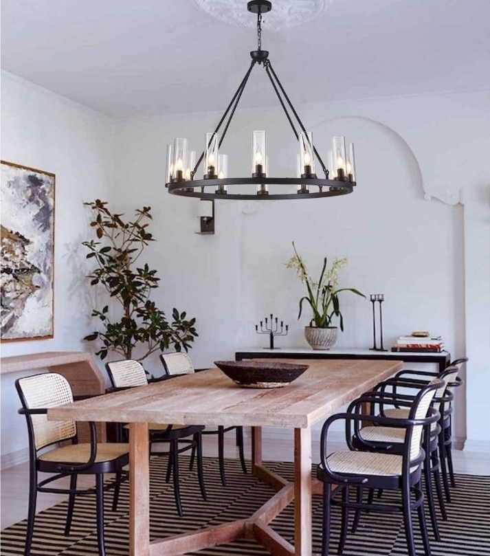 Uboxin Farmhouse Black Wagon Wheel Chandelier, Kitchen Island Pendant Light Fixture ,Industrial Rustic Round Metal Chandelier Lighting With Clear Glas