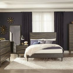 New Modern Contemporary Goodwin Queen 4 Piece Bedroom set Graphite Grey Finish with Gold Accents. High Quality Bed Set