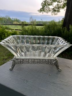 Art Deco Indiana Glass Dish w/Silver Plate Footed Base