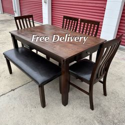 Table 4 Chairs and Bench Wood and Faux Leather Dining Set