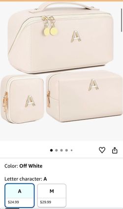 Personalized Initial Makeup Bag for Women, 3 Pcs Large Capacity Travel Cosmetic Case with Clear Divider and Handle, 180°Open Flat Toiletry Bag, Birthd