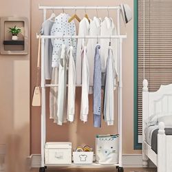 Multifunctional Metal Coat Rack with Wheels, Double Pole, Multi-Tier Storage Organizer for Clothes and Shoes, Ideal for Bedroom, Entrance, Office 