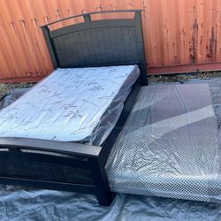 Pine Wood Full Bed With Roll Out Twin  With Both Mattresses Included 