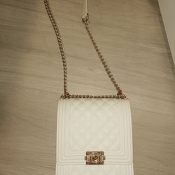 White Purse With Gold Chain