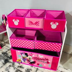  Children Children's table and chair set (2 chairs included) and Disney Minnie Mouse toy organizer with 6 design cubes and storage By