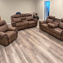 🔥 Luxury Gray Leather Reclining Sofa Set – Sofa, Loveseat & Recliner chair 🔥