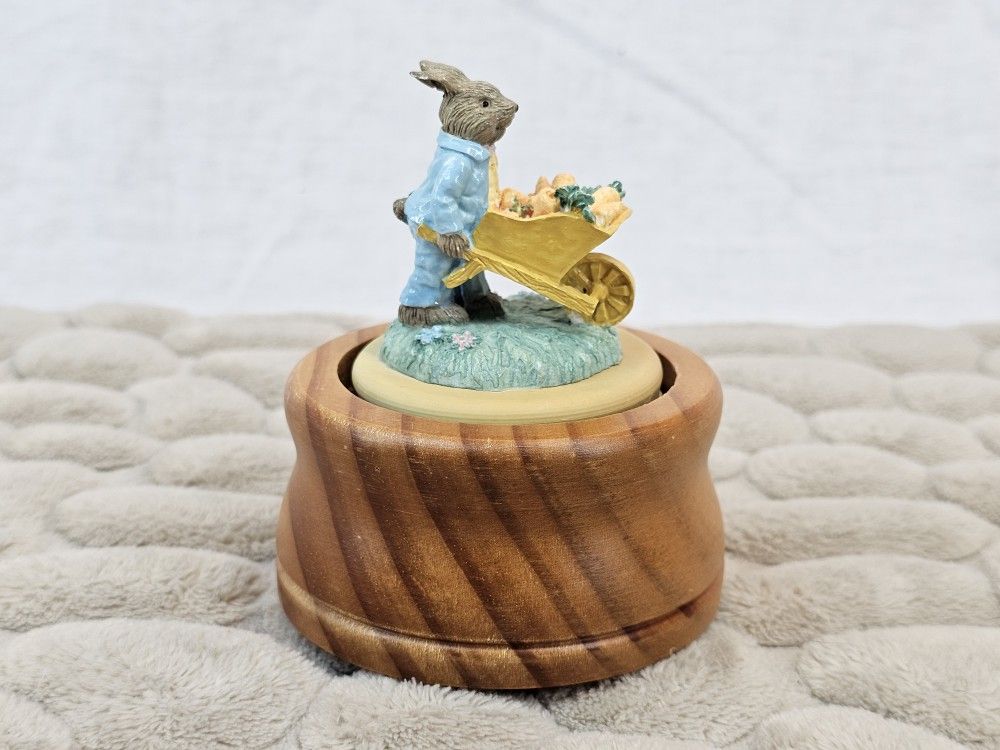 EASTER BUNNY PUSHING WHEELBARROW MUSIC BOX