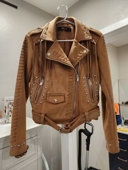 Zara Basic Suede Fringe Moto Jacket- located in Whittier California