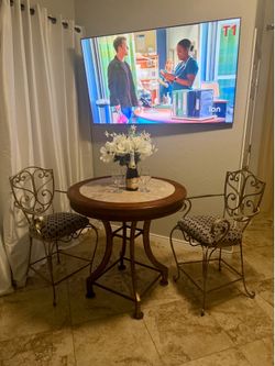 Wrought iron pub marble table with 2 bar stools