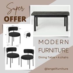 NEW - Wood Dining Table + 4 Boucle Chairs