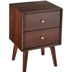 Alpine Furniture Flynn Mid Century Modern Mahogany Fully Assembled Bedroom Side Nightstand with 2 Bedside Storage Drawers, Walnut