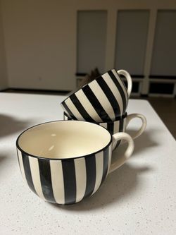 Black and White Striped Ceramic Mugs – Set of 3
