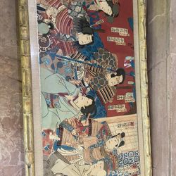 Japanese wall art 34  by 17.5” inches Japan Samari vintage antique Japan painting 