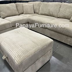 New! Reversible Left or Right Chaise Sectional Sofa Set Tan Sectional, Corduroy Fabric And Storage Ottoman, Sofa, Couch, Tan Beige Fabric Sectional
