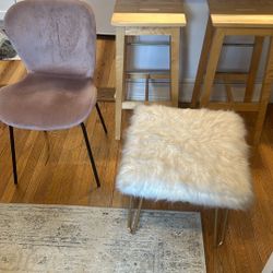 2 Wooden Bar Stools;  1 Purple Chair & 1 White Ottoman