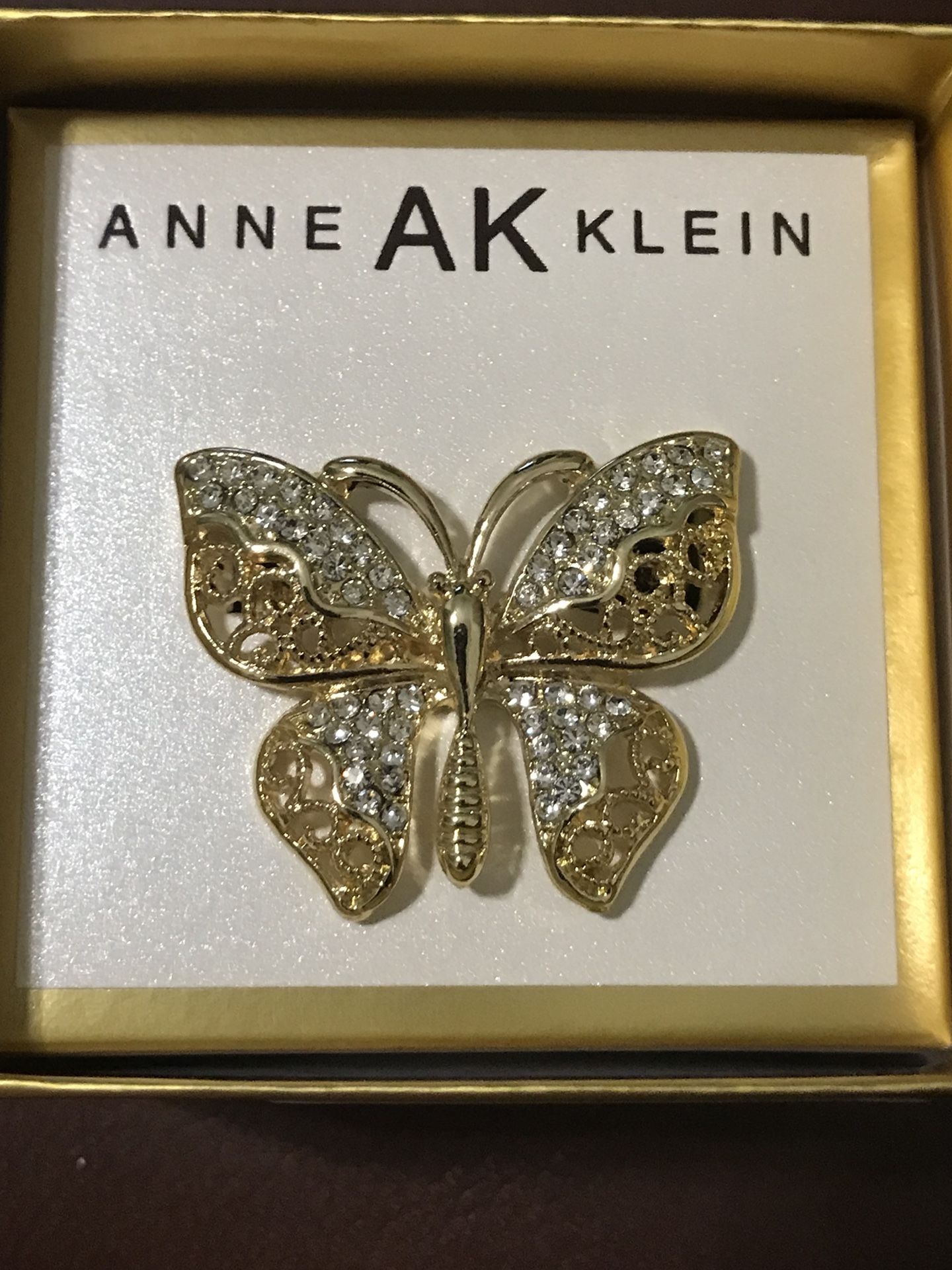 Butterfly Brooch/Pin By Anne AK Klein Rhinestone & gold-tone NIB 1.75”w & 1.5” Tall