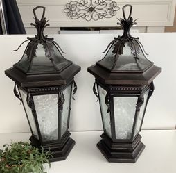 Large Metal & Glass Lanterns Set of 2 – 30” Tall Vintage Style Candle Holders ( Both For 75 )