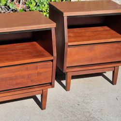 1963 pair of mid century modern Stanley brand walnut one-drawer NIGHTSTANDS with laminate tops And Others