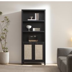 71" Tall Bookshelf 5 Tier Rattan Boho Bookcase with Doors Storage Large Book Case Shelf Farmhouse Bookshelves Library Book Shelves