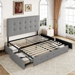 👉 Queen Bed Frame w/ Storage Drawers + Tufted Headboard – Like New