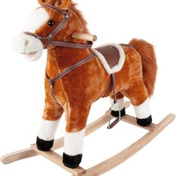Kids Plush Ride-On Rocking Horse, Ride-On Pony with Wooden Base, Animated Rocking Horse