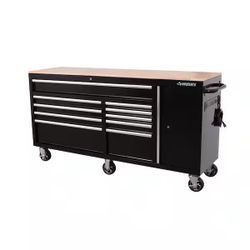 Standard Duty 72 in. W x 20 in. D 10-Drawer Black Mobile Workbench Cabinet with Solid Wood Top