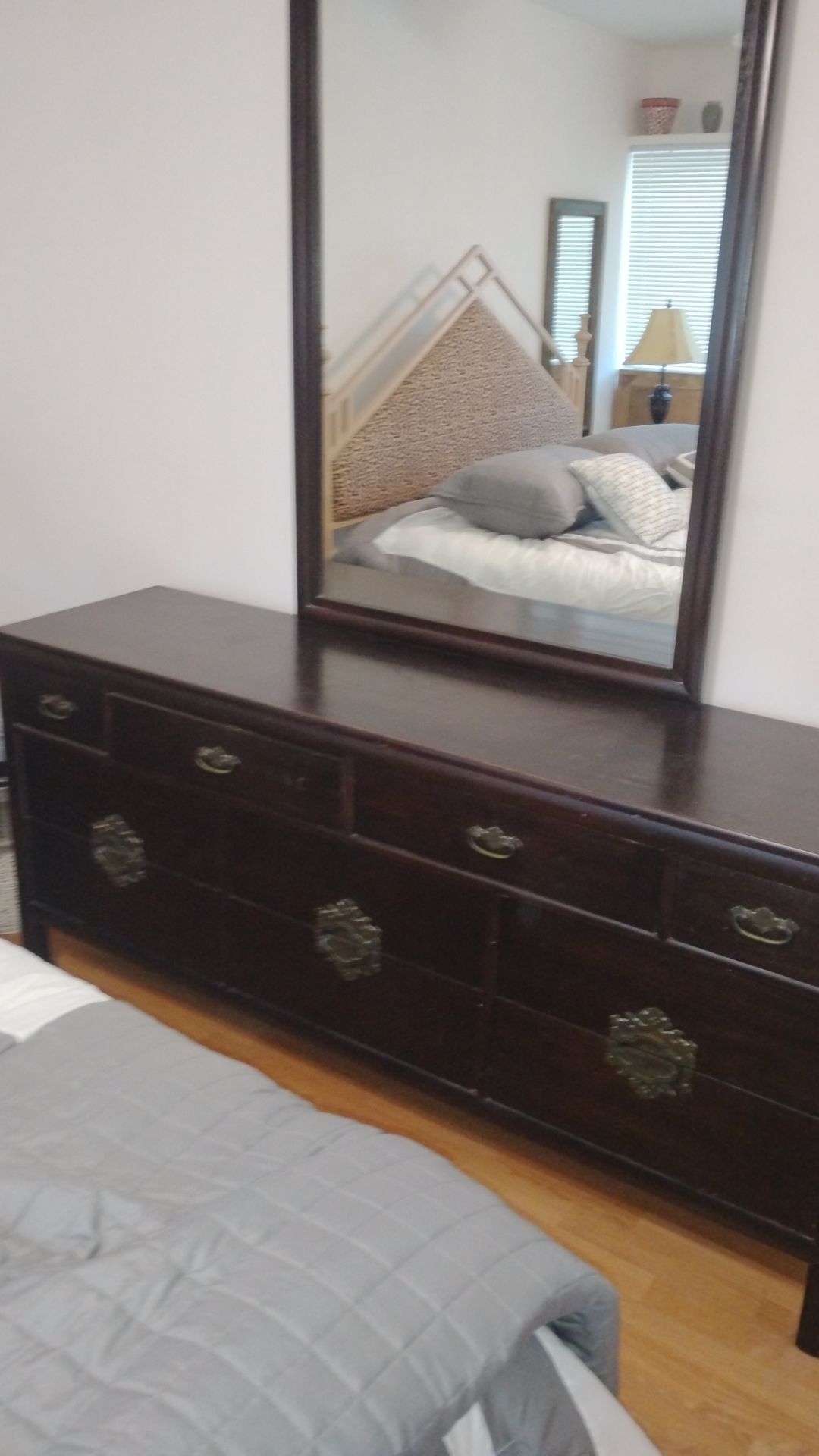 Long dresser with mirror and matching nightstand