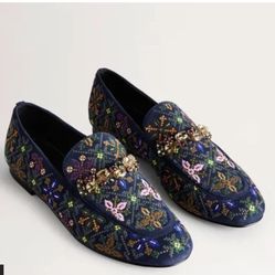Boden NIB Navy Embroidered Suede Loafers sz 41