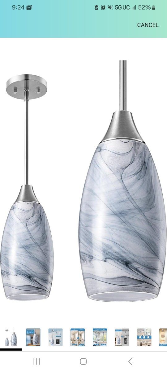Hand Crafted Grey Marble art glass pendant lighting fixture is with adjustable cord , it can be adjusted from 12" to60" Inches Set Of 3 New