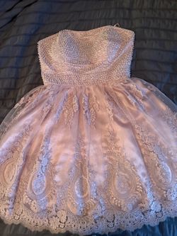 Blush Pink Beaded Lace Strapless Mini Dress