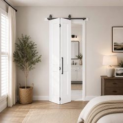 36 in.x 84 in. Bifold Barn Door, 2-Panel White Primed Bifold Door Bifold Closet Door, Hollow Core Interior Barn Doors with Hardware Kit