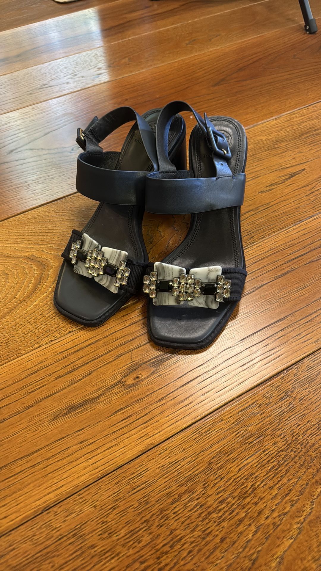 Tory Burch Delaney Embellished Leather Block Heels