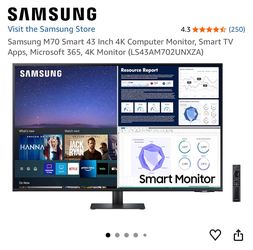 Samsung M70 Smart 43 Inch 4K Computer Monitor, Smart TV Apps, Microsoft 365, 4K Monitor (LS43AM702UNXZA)