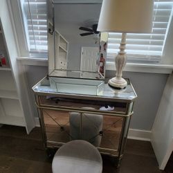 nightstand, mirror, lamp and stool  